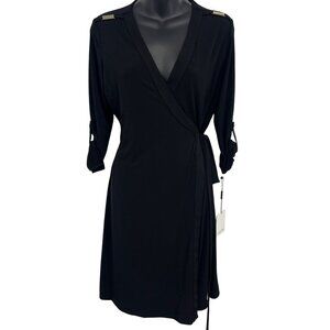 Calvin Klein Black Wrap Dress Size 4 Gold Accents 3/4 Sleeves V-Neck Women New